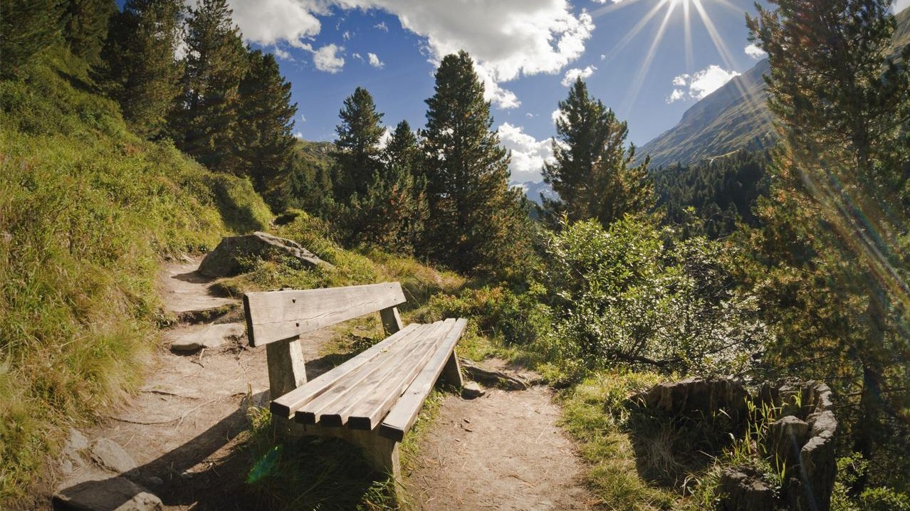 Holzbank im Wanderparadies Eine Holzbank entlang eines Wanderwegs umgeben von Bäumen und Bergen, mit Sonnenlicht zwischen den Wolken.